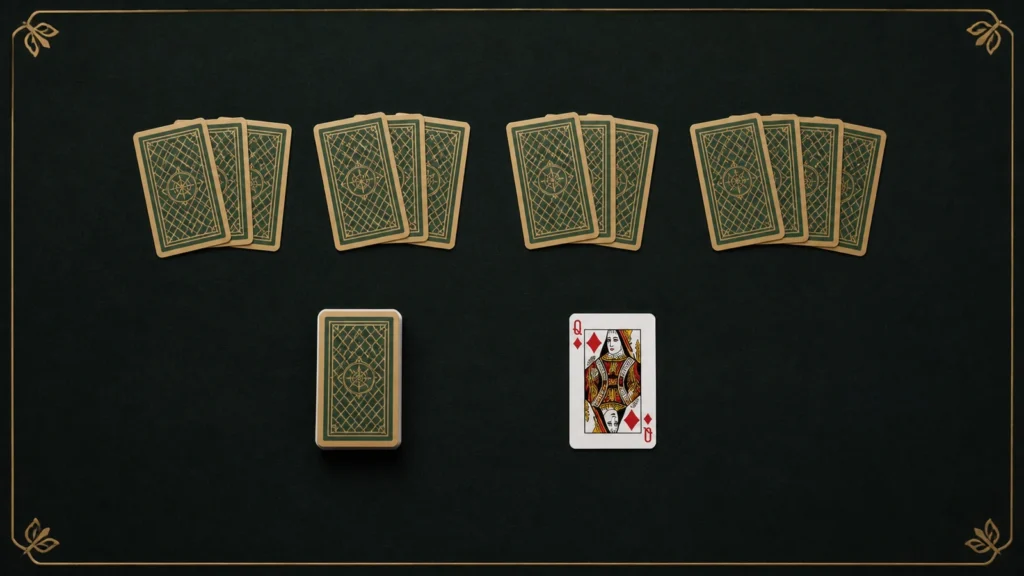 Thirteen face-down cards arranged in four groups beside a stock pile and queen-of-diamonds discard on a dark Indian Rummy table