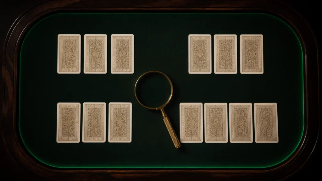 Thirteen face-down cards in four meld groups around a brass magnifying glass on a dark Indian Rummy table