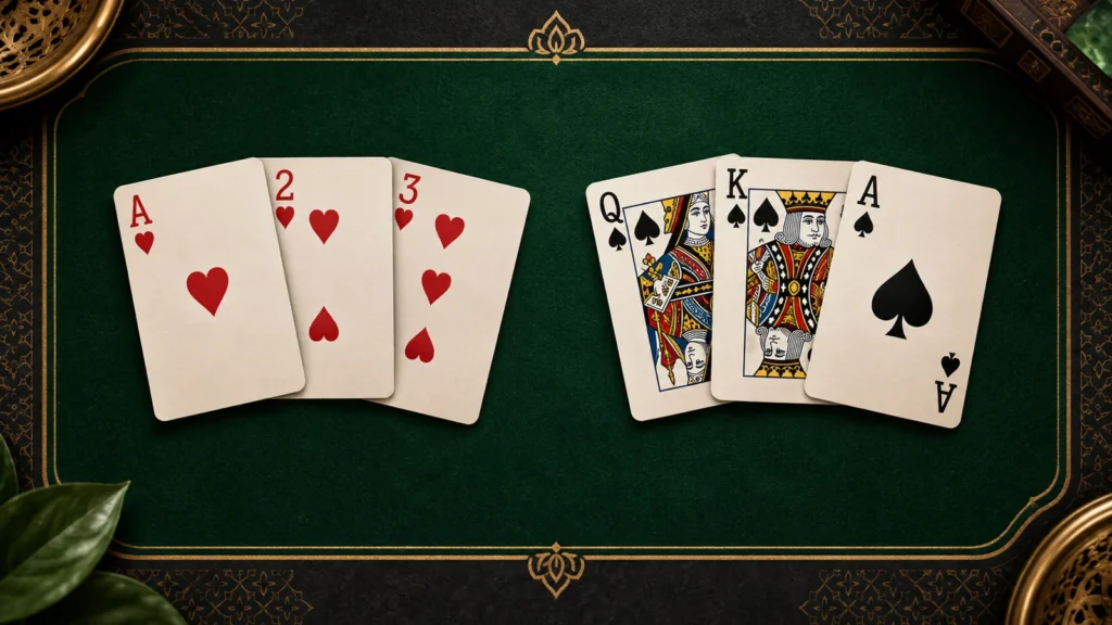 Same-suit Ace, 2 and 3 cards beside Queen, King and Ace cards on a dark green Indian Rummy table
