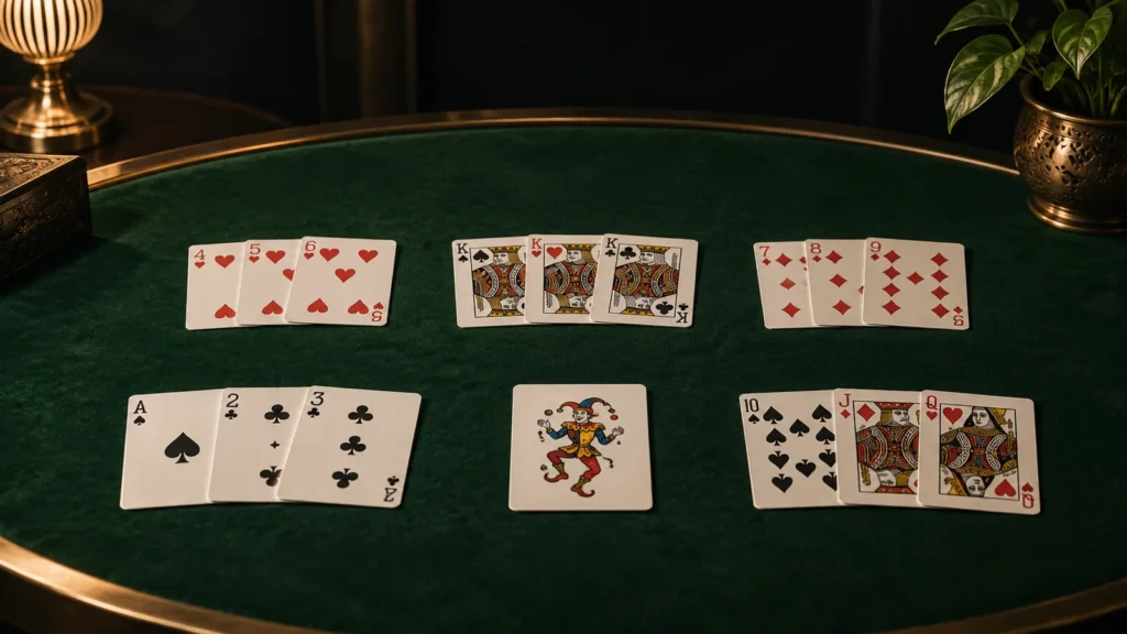 Numbered cards, face cards, an ace and a printed Joker arranged in groups on a dark green Indian Rummy table